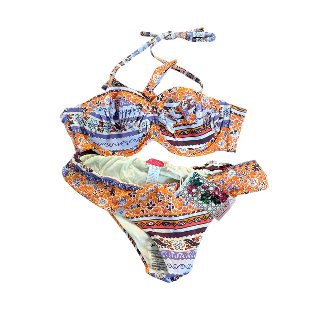 Milonga Womens Bikini Set Orange Purple Floral Underwire Halter Swimsuit Size 10